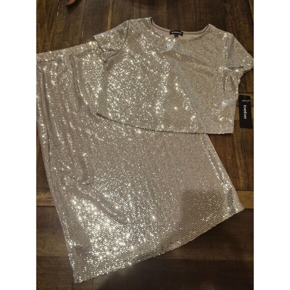 Bebe Silver Sequin Two-Piece Dress Set M - Picture 2 of 8